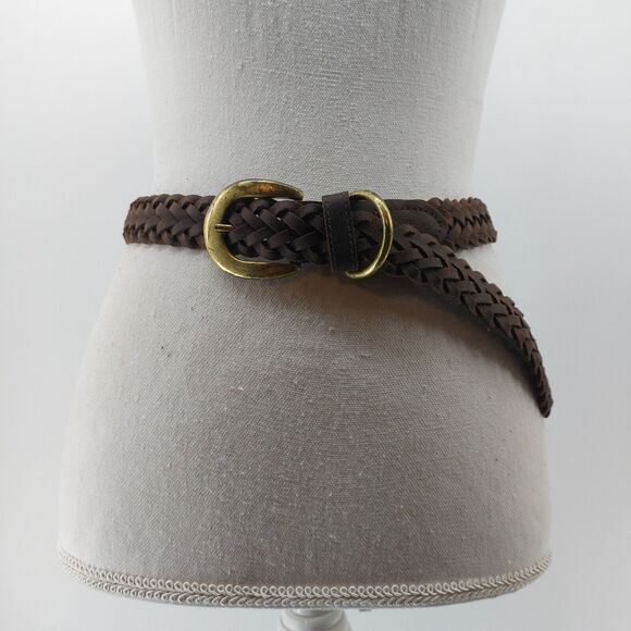 Unbranded Accessories - Women's Brown Leather Weaved Braided Woven Belt Gold tone Brass Buckle
